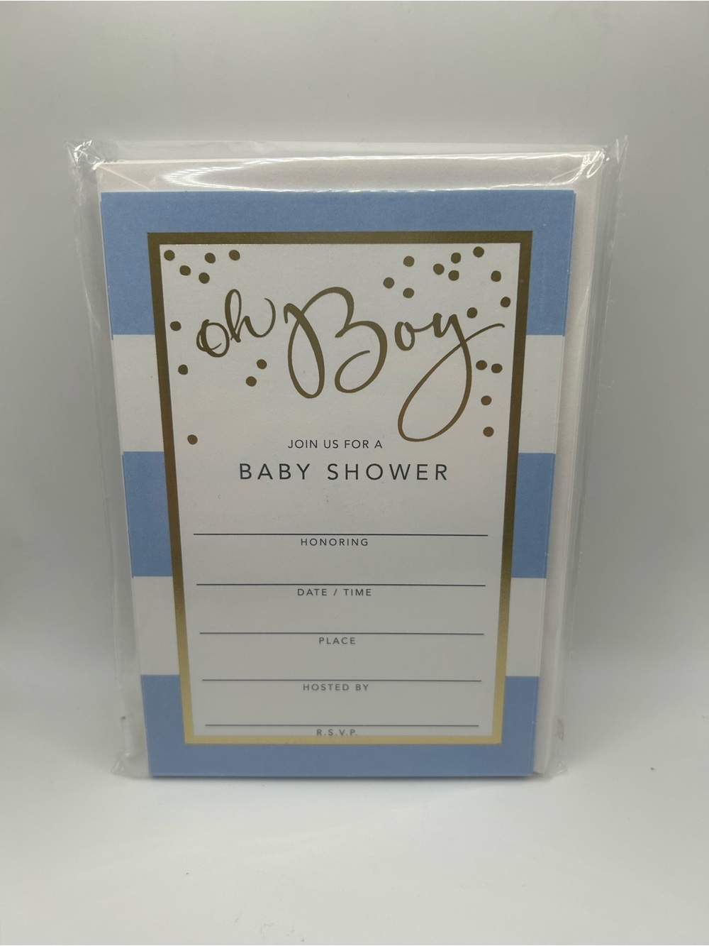 Oh Boy Blue & White Striped Baby Shower Invitations - Pack includes 10 invites 🍼 - Picture 1 of 2